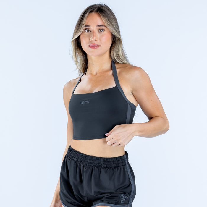 Black halter crop top with straight neckline and adjustable straps