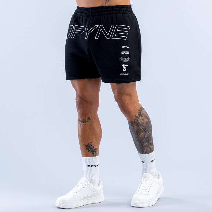 Black DFYNE logo jogger shorts, front view with small emblem on right leg