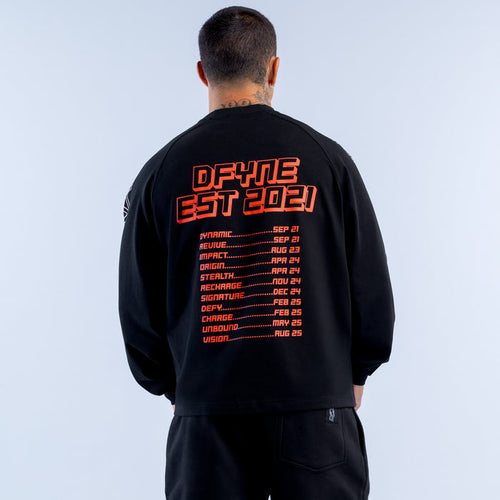 Black long-sleeve crewneck top with red "DFYNE EST 2021" back graphic