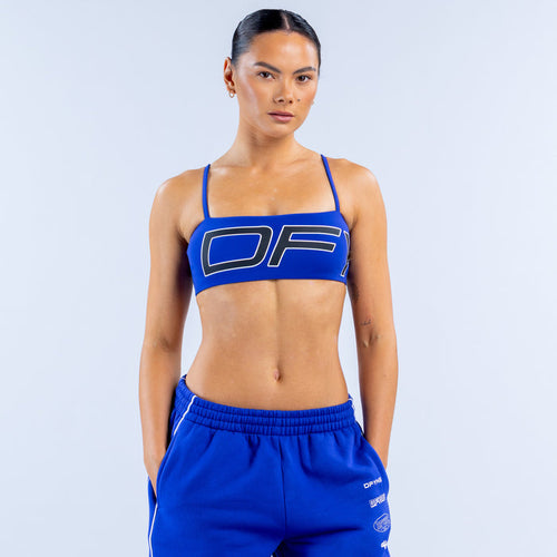 Kids' 5th birthday sports bra, blue with large front logo and racerback straps