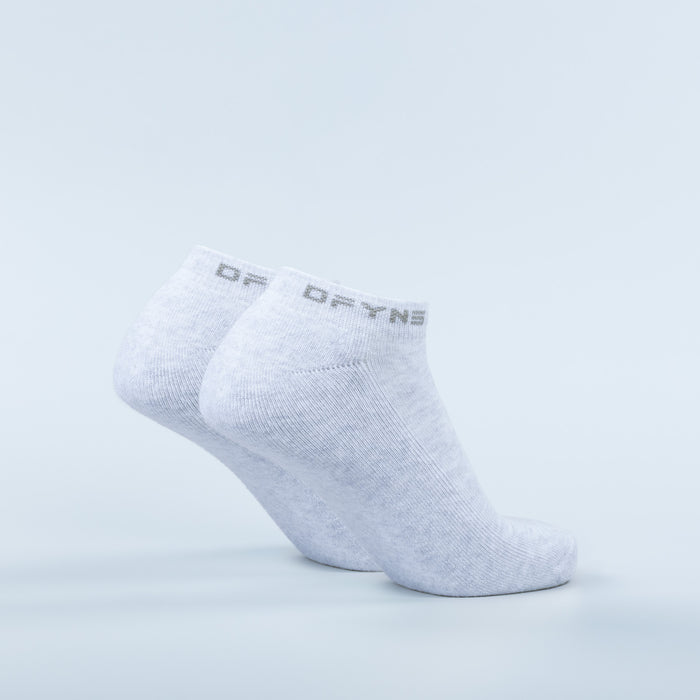 Light gray ankle socks with DT.FNS logo on cuff, single sock view