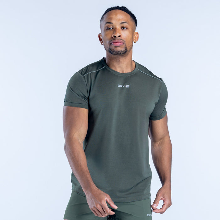 Men's dark green athletic T-shirt with crew neck and short sleeves, chest logo