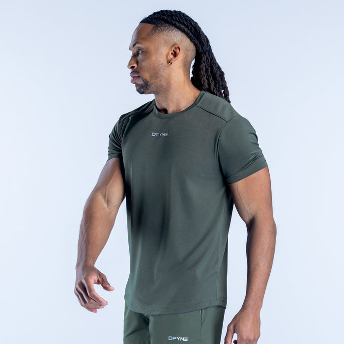 Men's dark green athletic T-shirt, crew neck short sleeves, small logo at hem