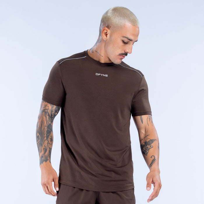 Men's dark brown short-sleeve active top with small chest logo and crew neck