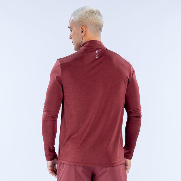 Maroon quarter-zip long-sleeve athletic top, back view with neck logo