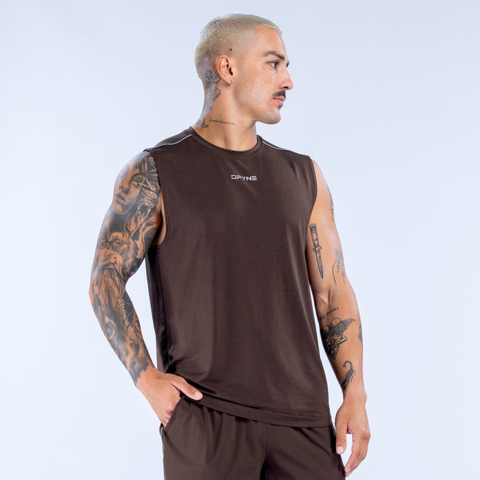 Men's dark-brown sleeveless tank top with crew neck and small chest logo