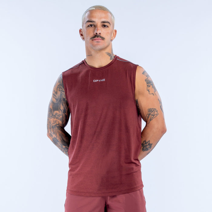 Burgundy sleeveless tank top with crew neck and small chest logo