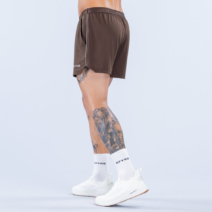 Men's dark brown 4-inch training shorts with side stripe and elastic waistband