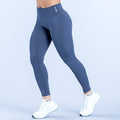 Navy blue compression leggings with high-rise waistband and ankle-length cuffs