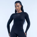 Fitted black long sleeve top with crew neck and small chest logo