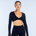 Black twist-front long-sleeve crop top with V-neck