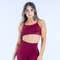 Burgundy backless sports bra with wide band and front logo