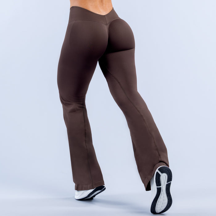 Dark brown high-waist flared leggings with contoured side seams