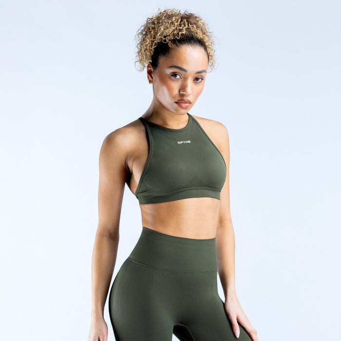 Olive high-neck sports bra, racerback style and smooth compression fit