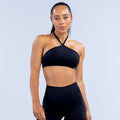 Dark high-neck halter bra with crisscross straps and racerback cut