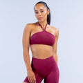 Dynamic high-neck halter bra in dark berry, high neckline with cross straps