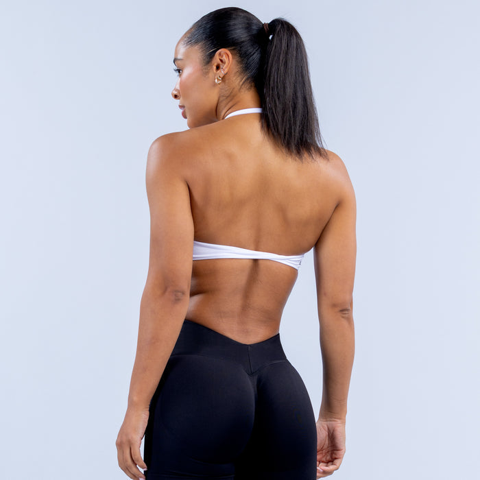 White high-neck halter bra, back view with racerback straps