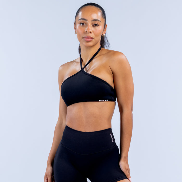 Dark high-neck halter bra with centered X strap at the neckline