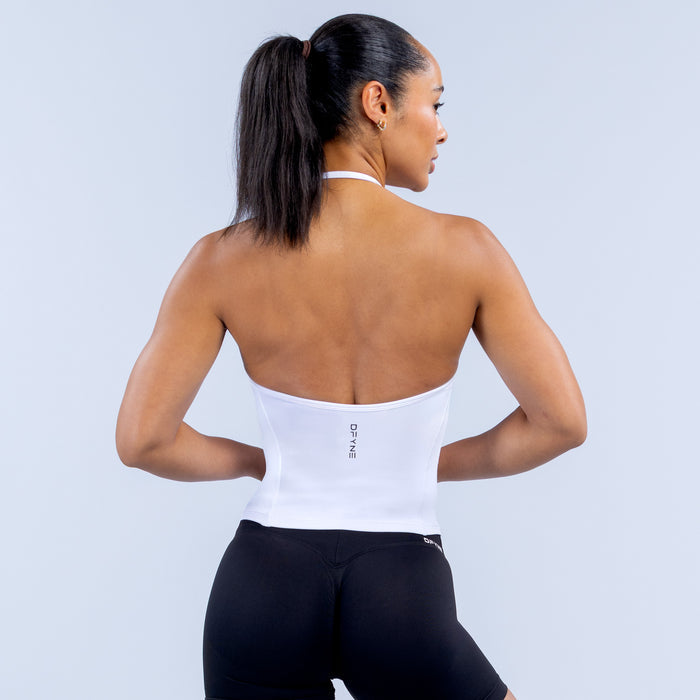 White longline halter top with crisscross back straps