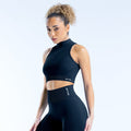 Black quarter-zip sleeveless athletic tank with cropped hem and front neck zip