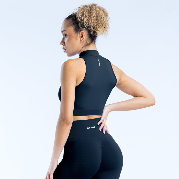 Black quarter-zip sleeveless athletic tank, back view with logo at hem