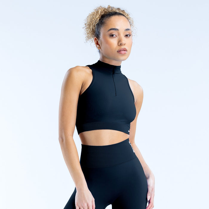 Black sleeveless quarter-zip athletic crop tank with high neck and slim fit