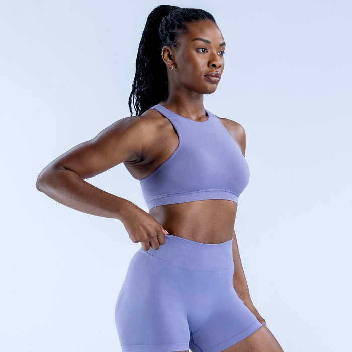 Lavender racerback sports bra with racerback design and supportive mid coverage