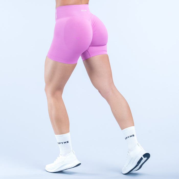4.5-inch performance shorts, lilac purple, back view with curved seams