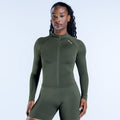 Olive green zip-front athletic top and matching high-waist shorts set