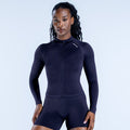 Dark athletic full-zip jumpsuit, long sleeves, high-waist shorts, front zipper