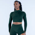 Dark green zip-front long-sleeve crop top with stand collar