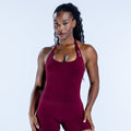 Maroon halter top with scoop neckline and racerback straps