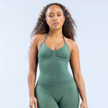 Longline strappy top, dark green, ruched center and scoop neck with thin straps