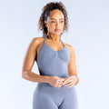 Slate blue longline strappy top with V-neck and ruched bust
