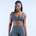Scoop back sports bra with wide racerback straps in dark gray
