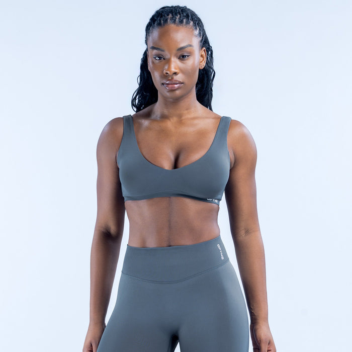 Scoop-neck sports bra with wide straps and seamless fit, dark gray