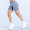 Slate blue 6.5-inch impact biker shorts, high waist, fitted, small side logo