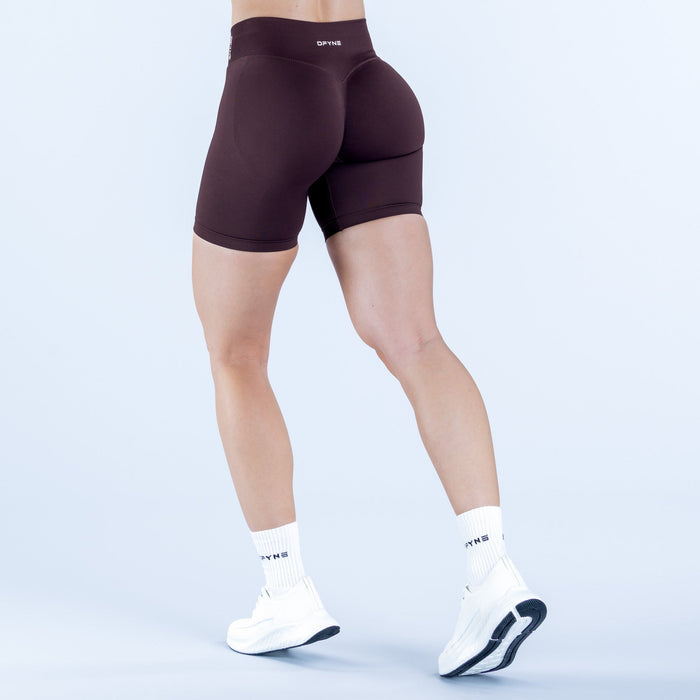 Women's impact athletic shorts, dark burgundy, side view