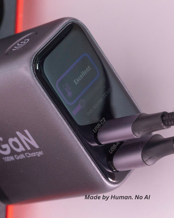 Încărcător GB 100W GaN, 2 x USB-C, 1 x USB-A, Afișaj LED, Fast Charge, Touch, Cablu USB-C 68cm  - Laptop, Telefon, Tabletă, Cablu Retractabil