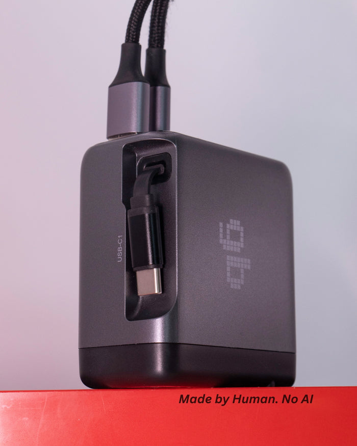 Încărcător GB 100W GaN, 2 x USB-C, 1 x USB-A, Afișaj LED, Fast Charge, Touch, Cablu USB-C 68cm  - Laptop, Telefon, Tabletă, Cablu Retractabil