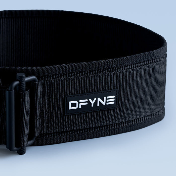 Black lifting belt with DFYNE logo patch and adjustable buckle tabs
