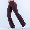Burgundy high-rise flare leggings with small logo at waistband and wide bell legs