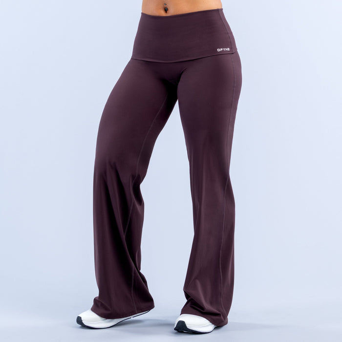Purple fold-over wide-leg pants with high waist and straight wide flared legs