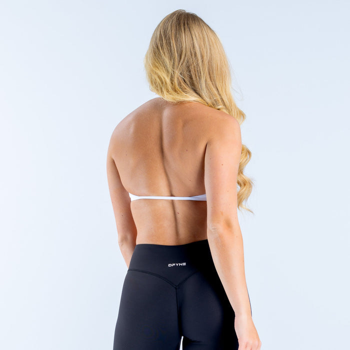 Back view white halter bra with crisscross straps