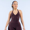 Dark maroon halter-neck top with V neckline, fitted stretch design