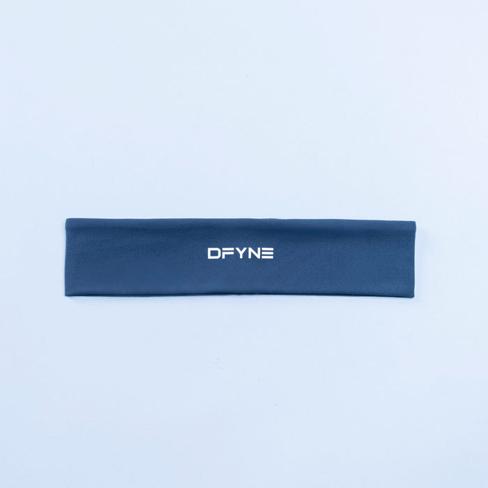 Navy DFYNE logo headband, flat lay