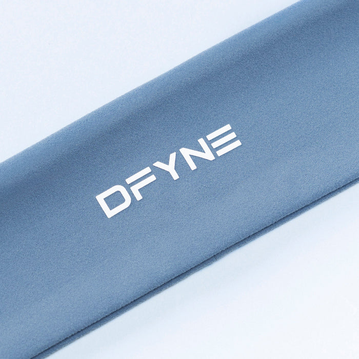 Blue-gray Origin headband close-up with DFYNE logo