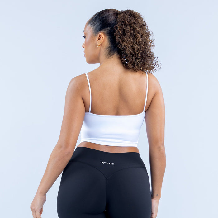 White strappy crop top with open back and thin shoulder straps