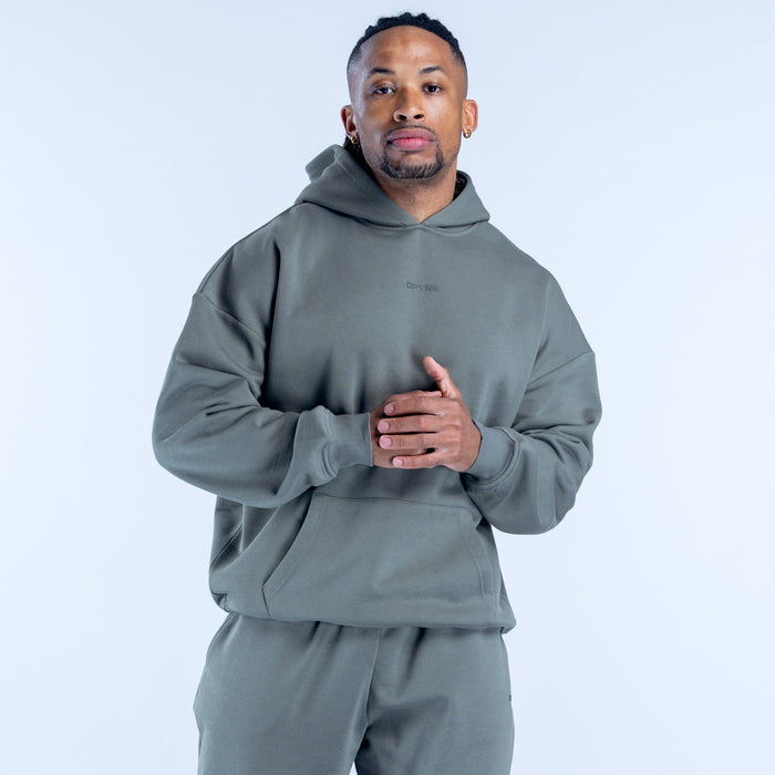 Olive graphic pullover hoodie with front chest logo and kangaroo pocket