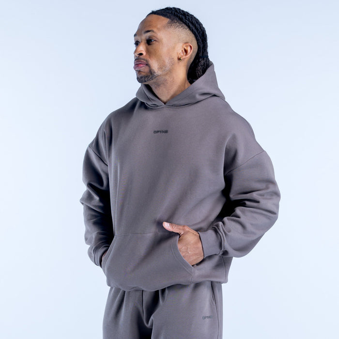 Dark gray graphic hoodie with front kangaroo pocket and drawstring hood